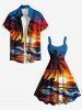 Robe trapèze hawaïenne grande taille à imprimé cocotiers, coucher de soleil et vagues - Bleu 1X