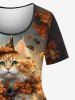 T-shirt grande taille imprimé citrouille, lanterne, chat et fleur pour femme, pour Halloween - Noir XS