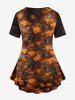 T-shirt grande taille imprimé citrouille, lanterne, chat et fleur pour femme, pour Halloween - Noir XS
