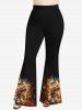 Pantalon évasé grande taille à imprimé citrouille, lanterne, chat et fleurs pour Halloween - Noir L