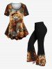 Pantalon évasé grande taille à imprimé citrouille, lanterne, chat et fleurs pour Halloween - Noir L