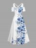 Plus Size Flowers Leaf Print Cold Shoulder Crisscross Hawaii Maxi Dress -  