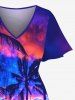 Robe mi-longue hawaïenne fendue grande taille à imprimé paysage marin, nuages colorés et cocotiers - Bleu S