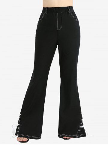 Pointelle Hollow Out Jacquard Embroidery Handkerchief Top and Split Lace Up Topstitching Flare Pants Plus Size Outfit