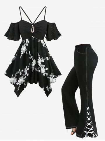 Pointelle Hollow Out Jacquard Embroidery Handkerchief Top and Split Lace Up Topstitching Flare Pants Plus Size Outfit