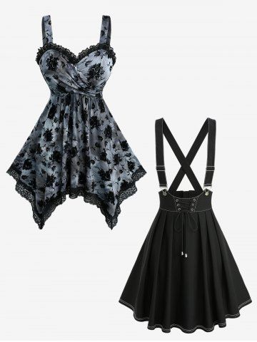 Flocking Tie Dye Crossover Handkerchief Top and Zipper Lace Up Crisscross Strappy A Line Suspender Skirt Plus Size Outfit