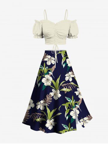 Solid Cinched Top and Tropical Leaf Plant Hibiscus Flower Print Hawaii Split A Line Skirt Plus Size Matching Set