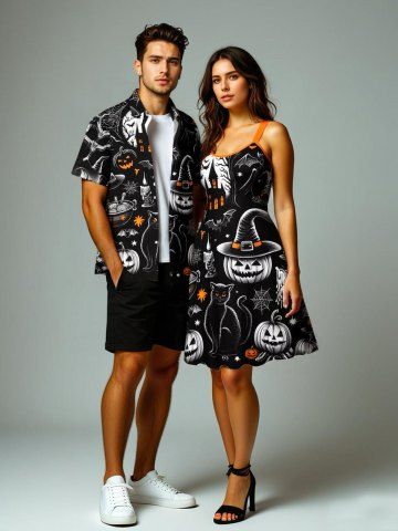 Halloween Costume Pumpkin Wizard Cat Spider Web Bat Castle Print Plus Size Matching Outfit For Couples - BLACK