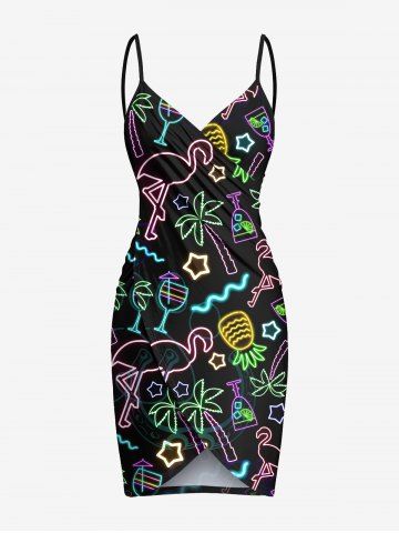 Plus Size Glitter Neon Coconut Tree Flamingo Pineapple Print Hawaii Convertible Beach Cover - BLACK - S