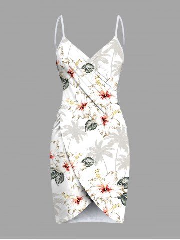 Plus Size Coconut Tree Hibiscus Flower Print Hawaii Convertible Beach Cover Up - WHITE - XS