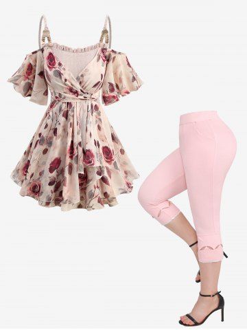 Rose Print Surplice Chains Cold Shoulder Blouse and Hollow Out Lace Trim Embossed Textured Capri Leggings Plus Size Outfit
