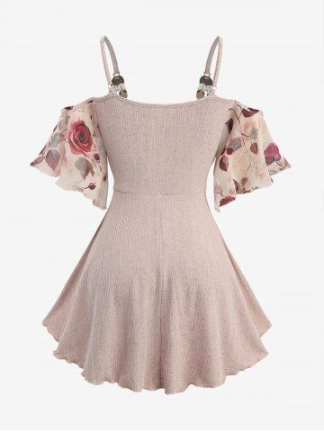 Rose Print Surplice Chains Cold Shoulder Blouse and Hollow Out Lace Trim Embossed Textured Capri Leggings Plus Size Outfit