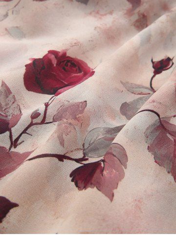 Rose Print Surplice Chains Cold Shoulder Blouse and Hollow Out Lace Trim Embossed Textured Capri Leggings Plus Size Outfit