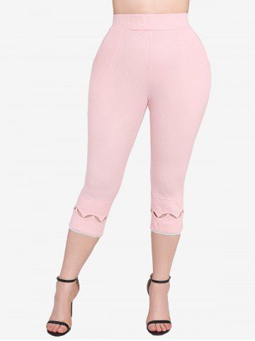 Rose Print Surplice Chains Cold Shoulder Blouse and Hollow Out Lace Trim Embossed Textured Capri Leggings Plus Size Outfit