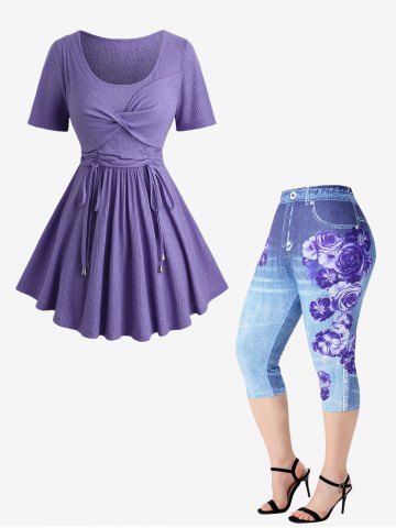 Twist Panel Cinched Wiast Textured Top and High Waisted Leggings Plus Size Outfit - PURPLE