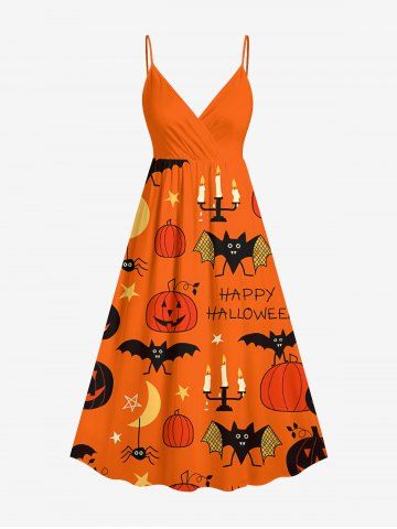 Plus Size Halloween Pumpkin Bat Moon Star Candle Spider Print Surplice Cami Dress - DARK ORANGE - 6X