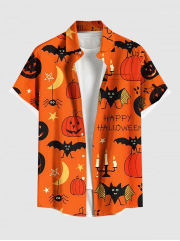 Plus Size Halloween Pumpkin Bat Moon Star Candle Spider Print Buttons Pocket Shirt For Men
