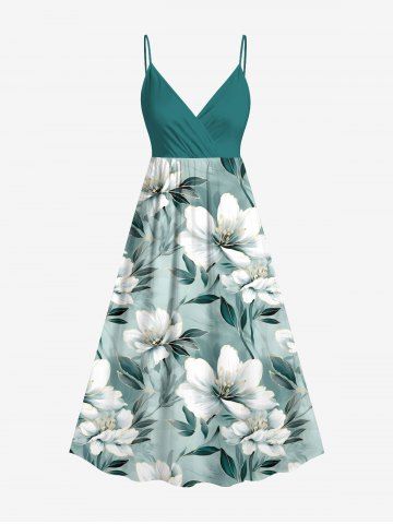 Plus Size Flowers Leaf Print Surplice Hawaii Cami Dress - GREEN - XXS