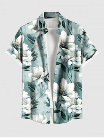 Plus Size Flowers Leaf Print Buttons Pocket Hawaii Shirt For Men - LIGHT GREEN - L