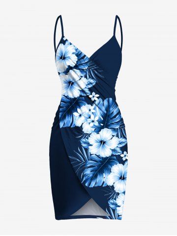 Plus Size Hibiscus Flowers Tropical Leaf Print Hawaii Convertible Beach Cover - DEEP BLUE - XS