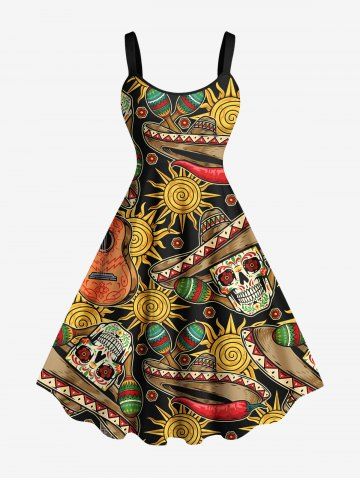 Plus Size Halloween Hat Skull Chili Sun Guitar Print Tank Dress - YELLOW - 3X