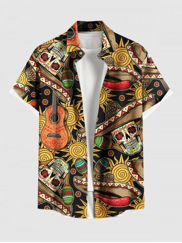 Plus Size Halloween Hat Skull Chili Sun Guitar Print Buttons Pocket Shirt For Men - YELLOW - 6XL