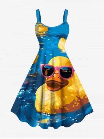 Plus Size Oil Painting Rock Ducks Print Hawaii Tank Dress - BLUE - 4X