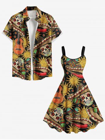 Halloween Hat Skull Chili Sun Guitar Print Plus Size Matching Outfit For Couples - YELLOW