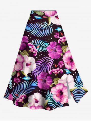 Plus Size Hibiscus Flowers Tropical Leaf Print Split Hawaii Skirt - PURPLE - XS
