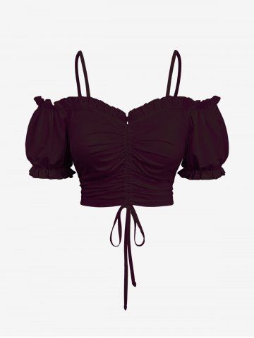 Plus Size Cinched Ruched Ruffles Cold Shoulder Cami Top - DEEP RED - 2X