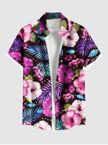 Plus Size Hibiscus Flowers Tropical Leaf Print Buttons Pocket Hawaii Shirt For Men - PURPLE - S