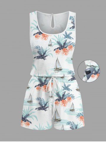 Plus Size Hibiscus Flowers Tropical Leaf Sail Boat Print Cinched Hawaii Romper - WHITE - S