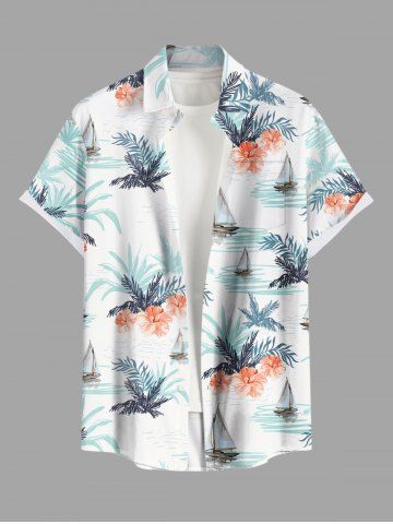 Plus Size Hibiscus Flowers Tropical Leaf Sail Boat Print Buttons Pocket Hawaii Shirt For Men - WHITE - 2XL