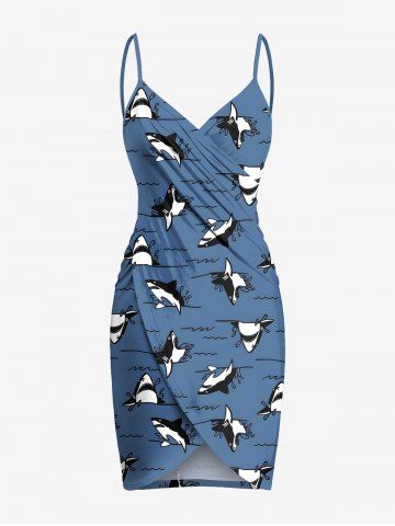 Plus Size Cute Shark Sea Waves Print Hawaii Convertible Beach Cover Up - BLUE - S