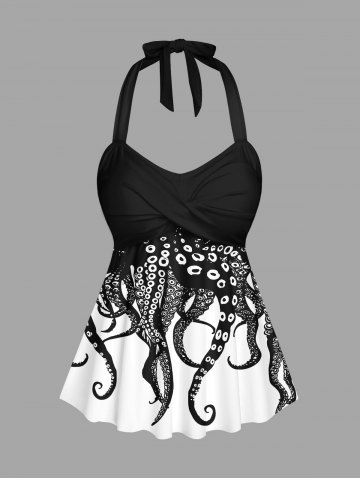 Octopus Two Tone Print Hawaii Twist Halter Backless Tankini Top - BLACK - 3X