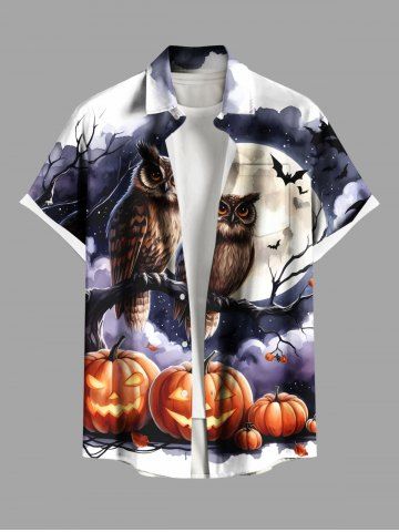 Plus Size Pumpkin Owl Tree Branch Moon Bat Print Halloween Button Pocket Shirt For Men - WHITE - 6XL