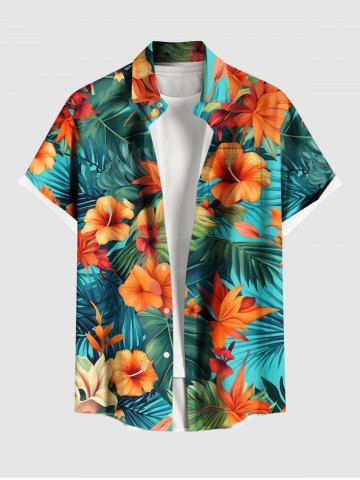 Plus Size Tropical Leaf Hibiscus Flower Print Hawaii Button Pocket Shirt For Men - GREEN - 2XL