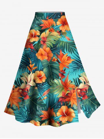 Plus Size Tropical Leaf Hibiscus Flower Print Hawaii Split A Line Skirt - GREEN - 6X