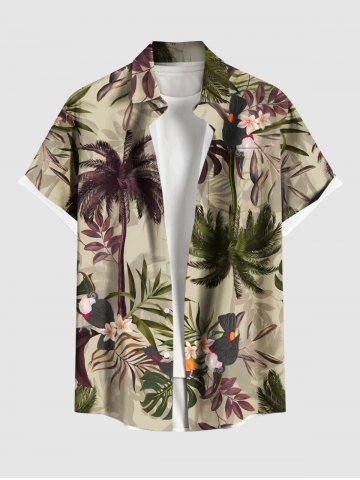 Plus Size Coconut Tree Tropical Leaf Hibiscus Flower Print Hawaii Button Pocket Shirt For Men