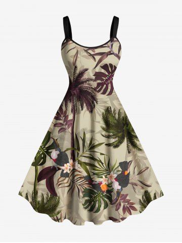 Plus Size Coconut Tree Tropical Leaf Hibiscus Flower Print Hawaii A Line Tank Dress - LIGHT COFFEE - XXS