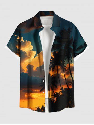 Plus Size Coconut Tree Ombre Dusk Print Hawaii Button Pocket Shirt For Men - BLACK - 6XL