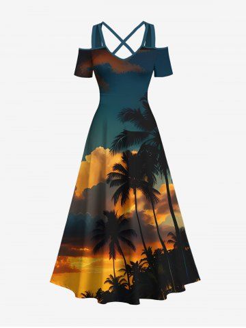 Plus Size Coconut Tree Ombre Dusk Print Hawaii Cold Shoulder Crisscross A Line Maxi Dress - BLACK - XXS