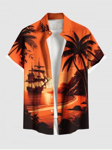 Plus Size Coconut Tree Sea Sailboat Sunset Print Hawaii Ombre Button Pocket Shirt For Men - ORANGE - 3XL