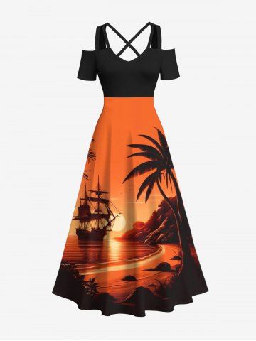 Plus Size Coconut Tree Sea Sailboat Sunset Print Hawaii Cold Shoulder Crisscross A Line Maxi Dress - BLACK - XXS