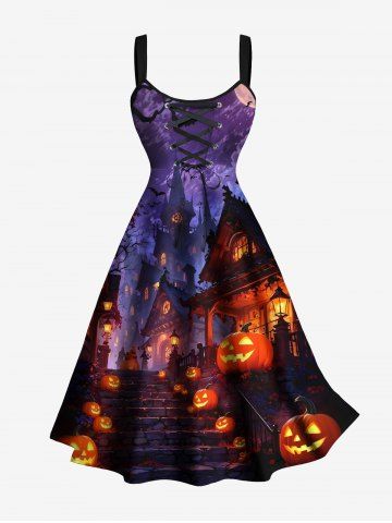 Plus Size Pumpkin Lantern Bat Castle Print Halloween Lace Up A Line Tank Dress - BLACK - 4X
