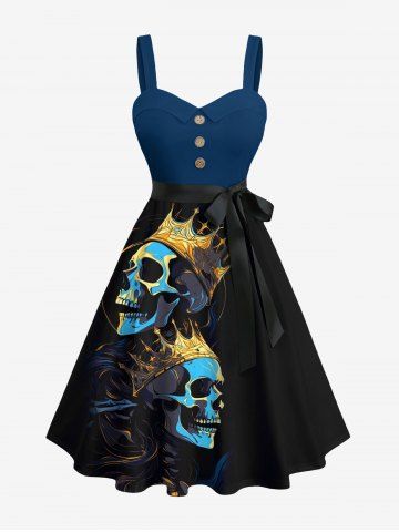 Robe débardeur trapèze boutonnée grande taille à imprimé tête de mort et couronne avec ceinture amovible