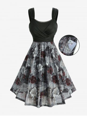 Plus Size Rose Flower Marble Print Lace Trim Ruched Tank Dress - BLACK - 4X | US 26-28