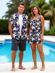 Matching Hawaii Shirt and Romper Plus Size Beach Outfit Tropical Leaf Hibiscus Printed for Couples -  