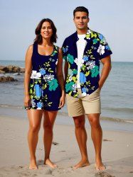Matching Hawaii Shirt and Romper Plus Size Beach Outfit Flower Leaf Branch Print For Couples -  