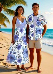 Flowers Leaf Print Plus Size Matching Hawaii Beach Outfit For Couples -  